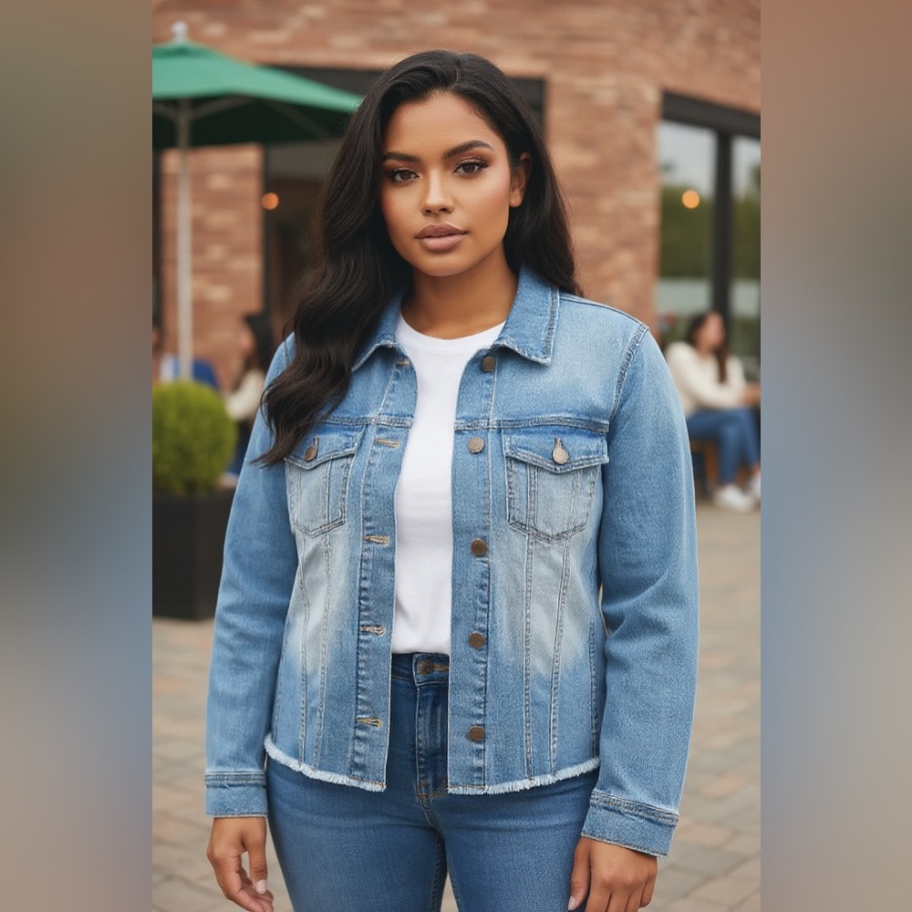 CJ Banks Blue Stretchy Denim Jacket Raw Hem Casual Plus Sizes 1X & 2X